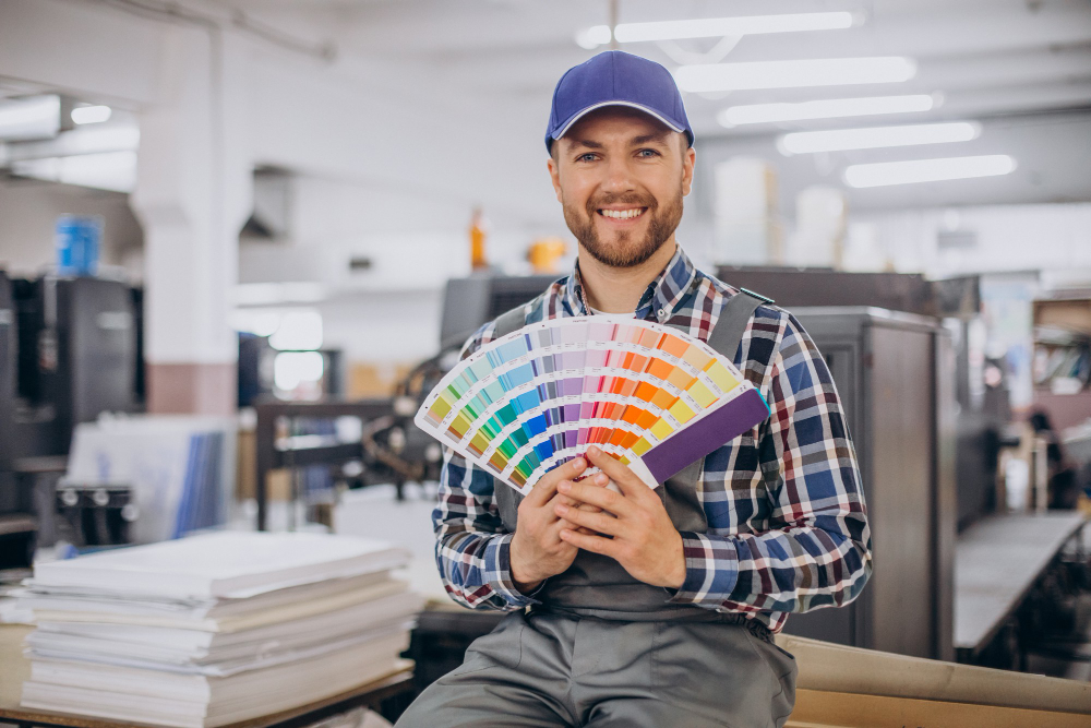 Printing professional holding color swatches in a commercial print shop for color matching